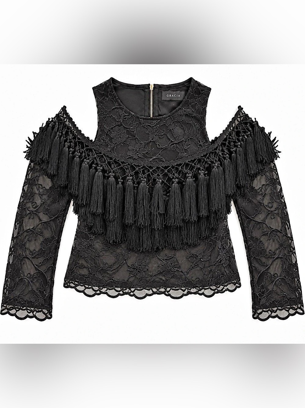 Gracia Black Cold-Shoulder Lace Overlay with Tassel Fringe Top